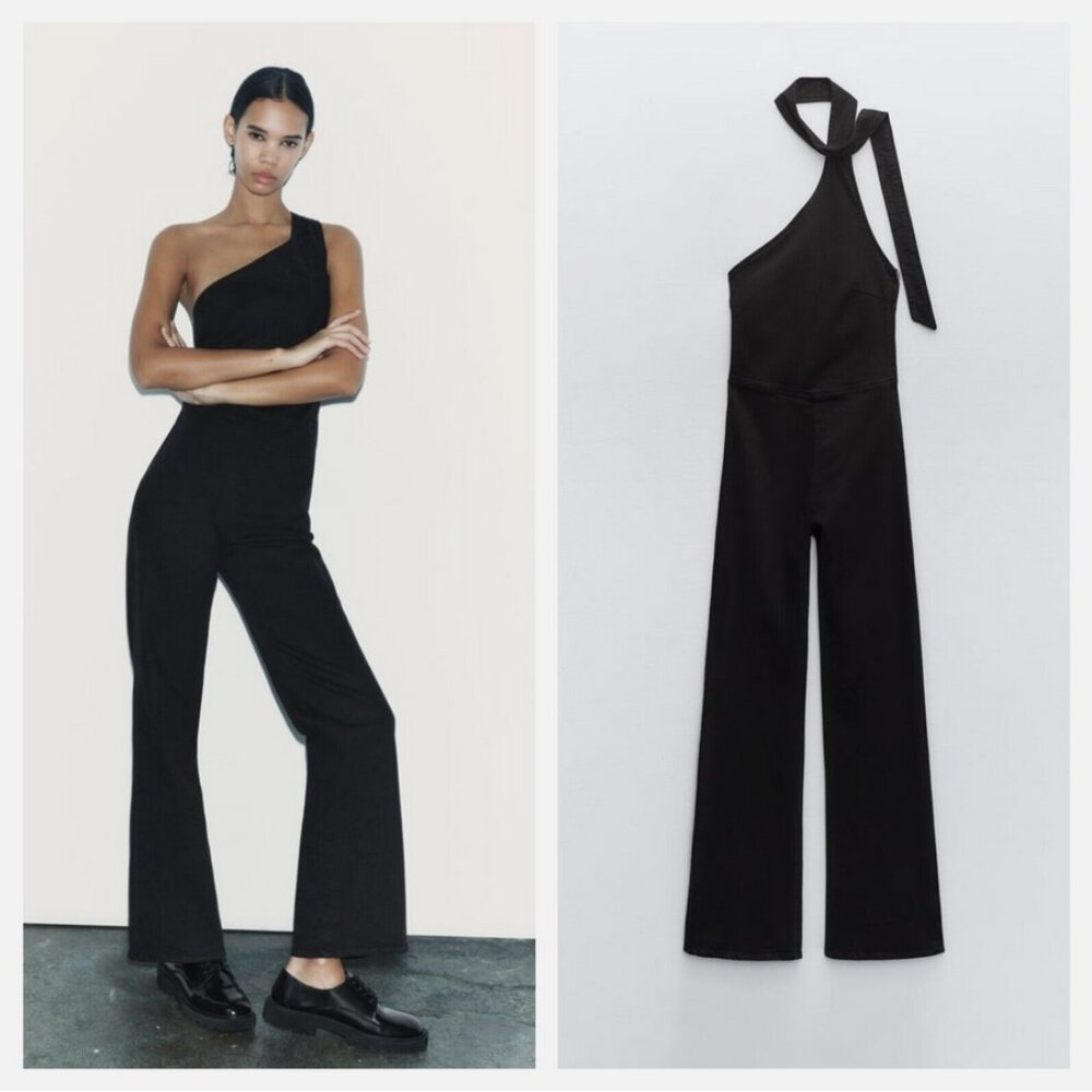NWOT Zara Black Denim Asymmetrical Jumpsuit
